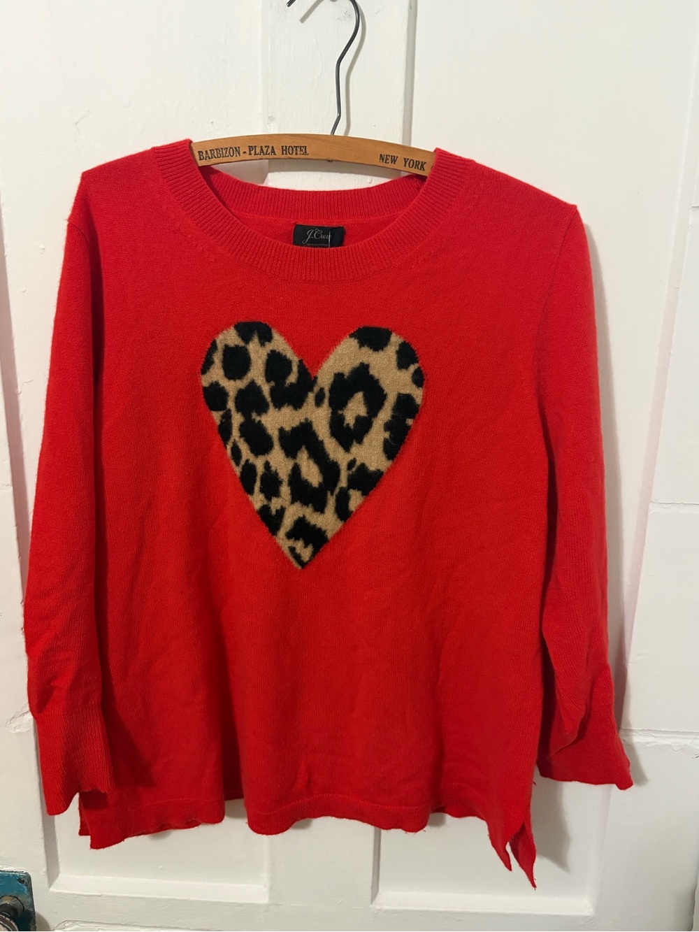 J. Crew 100% Cashmere Heart Leopard-Accent Sweater